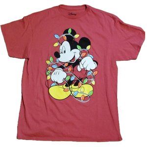 Men's Disney Red Mickey Mouse Holiday Lights T-shirt SZ L